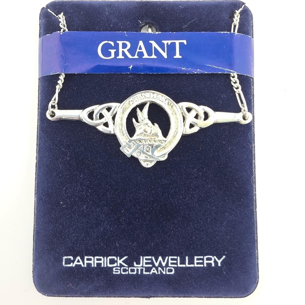 New! Vtg CARRICK JEWELLERY SCOTLAND Clan Grant Stand Fast Crest Pin Pewter 3"